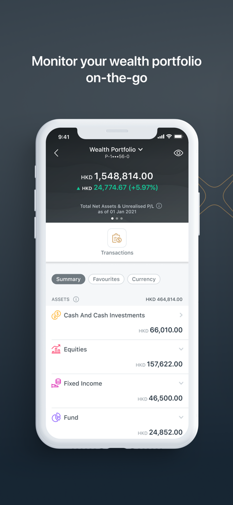A mobile interface of DBS digibank HK showing a wealth portfolio overview with total net assets and breakdowns of equities and fixed income