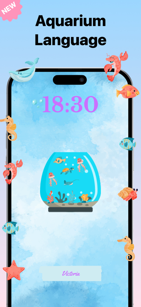 A personalized iPhone lock screen created using the Aquarium Language feature with sea creature stickers.