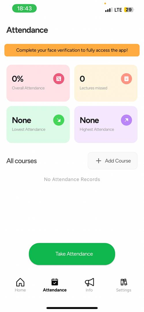 Fred for students - Pantalla de gestión de asistencia en la aplicación Fred para estudiantes con estadísticas de conferencias y seguimiento de cursos.