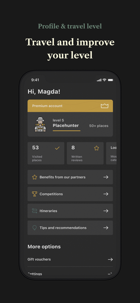 Placehunter: Top places to see - Personalized travel profile in the Placehunter app displaying user level and visited locations statistics