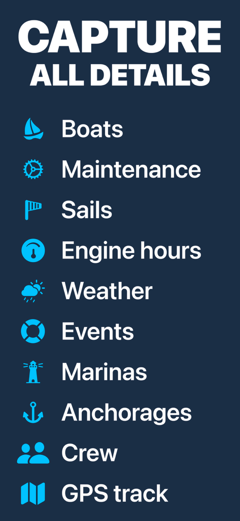 Boating Logbook: Skipper - Una lista de las características del diario de navegación que incluyen mantenimiento, clima, horas del motor y seguimiento GPS