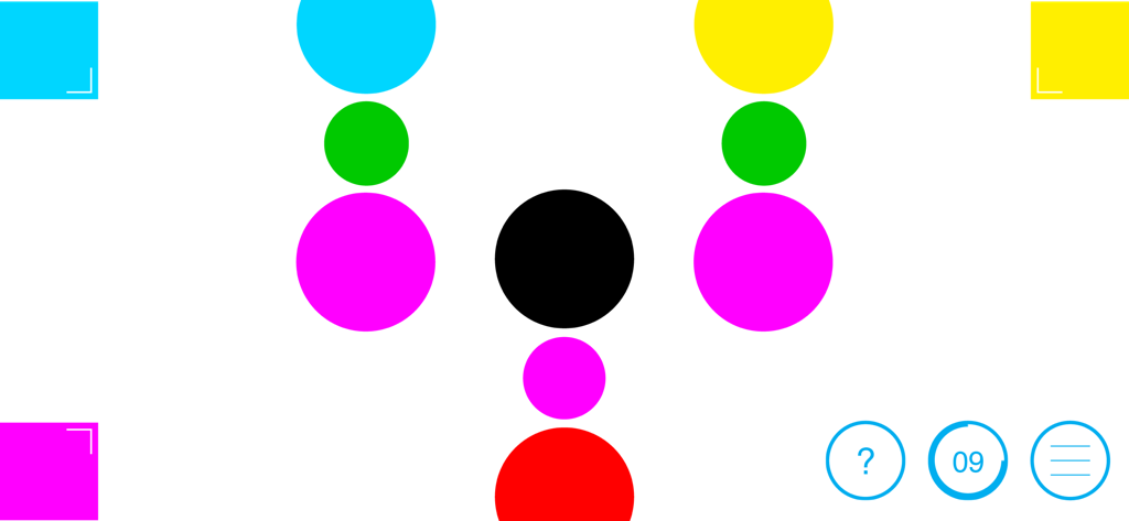 Minimalist gameplay screen of Overpaint featuring vibrant colored circles and squares on a clean white background