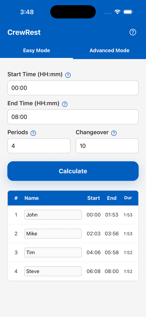 Crew Rest Calculator - Crew Rest Calculatorアプリのイージーモードインターフェース。フライトクルーのシフトローテーションとタイミングが表示されています。