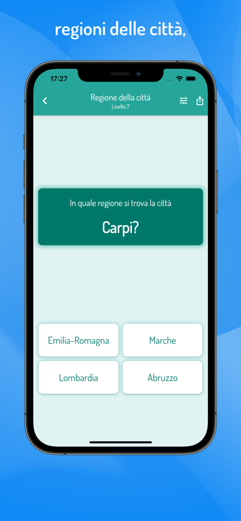 Interfaz de quiz preguntando en qué región italiana se encuentra la ciudad de Carpi con cuatro opciones de respuesta múltiple.