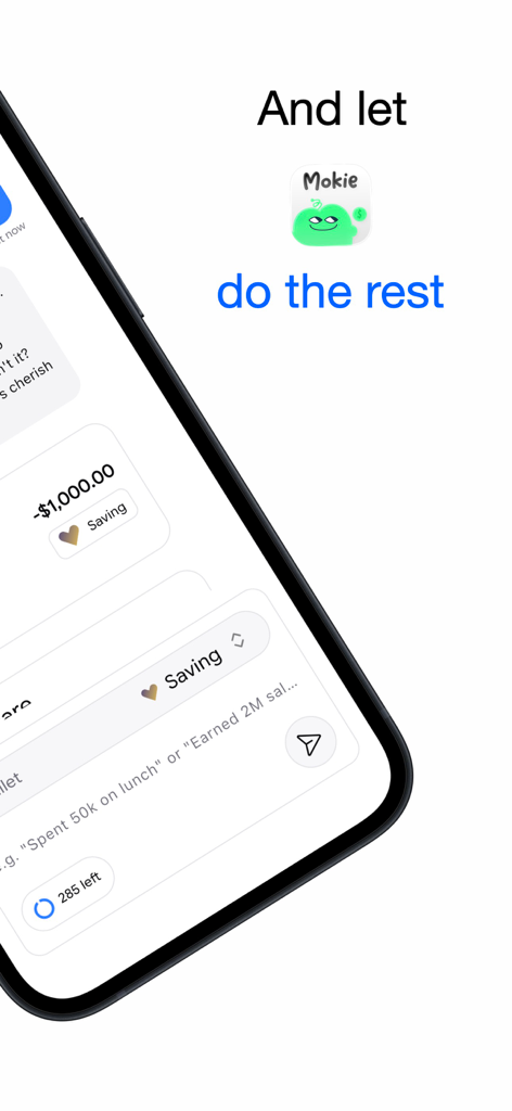 Mokie - Daily Expense Tracker - Interface de l'application Mokie montrant une entrée par chat pour enregistrer les dépenses et le solde d'un portefeuille d'épargne