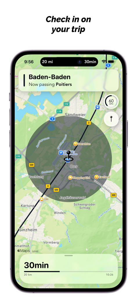 SNCF TGV Destinations - SNCF TGV Destinations app showing a live map with train speed and time remaining to destination