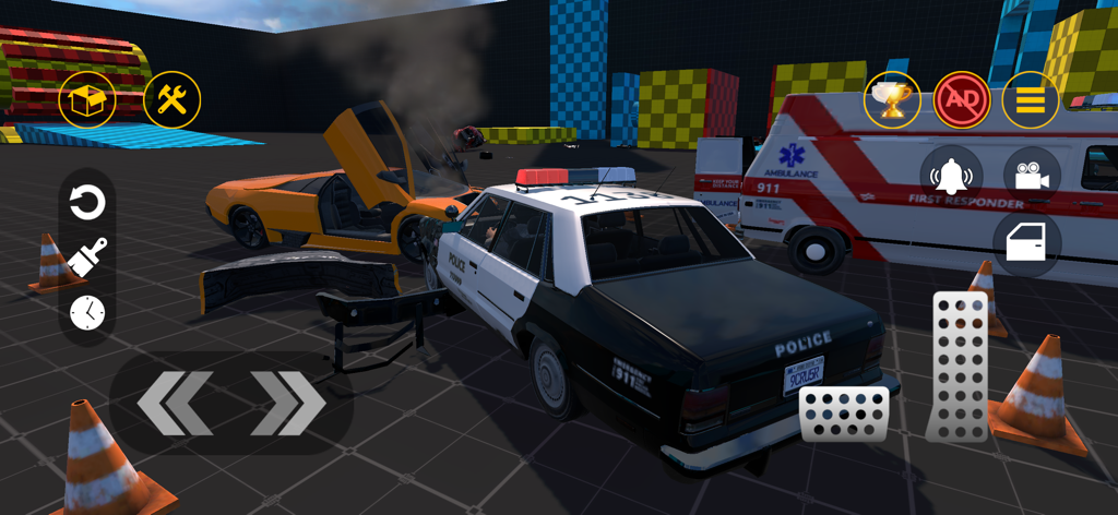 A police car and a sports car in a 3D sandbox environment with vehicle damage and physics elements.