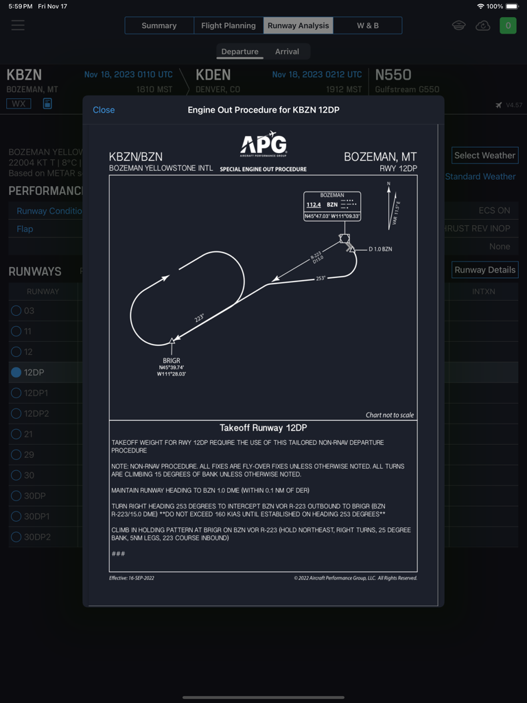 Genesis PRO - Genesis PRO app displaying a special engine out procedure chart for runway 12DP at KBZN airport