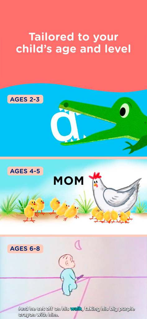 A graphic showing how HOMER app content is tailored for ages two to eight with phonics for toddlers and story reading for older children