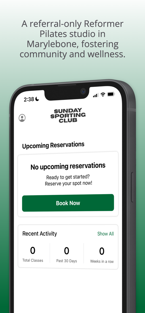 Sunday Sporting Club app interface on an iPhone showing the reservation and activity dashboard