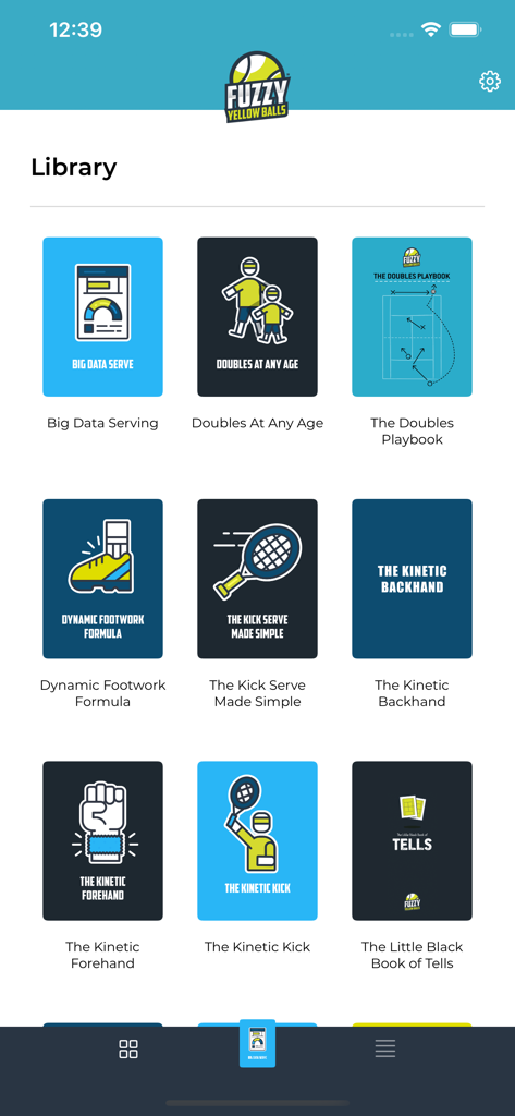 Fuzzy Yellow Balls - Library screen of the Fuzzy Yellow Balls app showing tennis instructional modules and playbooks