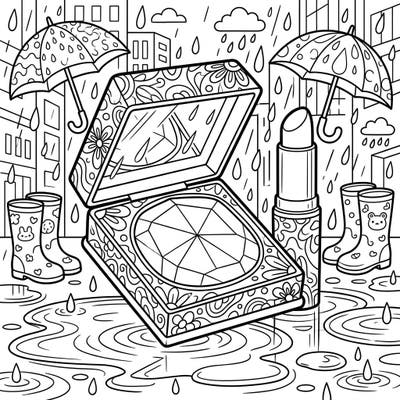 Embrace the cozy charm of a rainy day with this delightful coloring page featuring a chic highlighter compact and other beauty essentials. Perfect for adding a touch of glamour to your relaxation time, this scene invites you to play with vibrant colors and sparkling details.