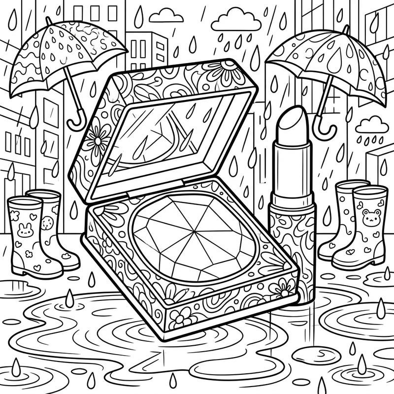 Embrace the cozy charm of a rainy day with this delightful coloring page featuring a chic highlighter compact and other beauty essentials. Perfect for adding a touch of glamour to your relaxation time, this scene invites you to play with vibrant colors and sparkling details.