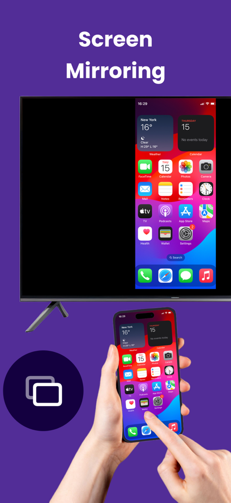 Remotevio: Smart TV Remote - A smartphone screen being mirrored onto a smart television display using the Remotevio app