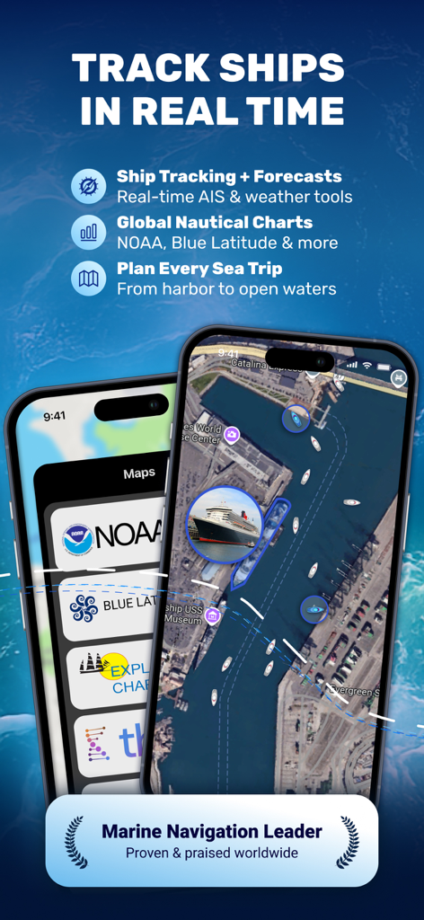 Suivi des navires en temps réel et cartes nautiques dans l'application Marine Traffic.