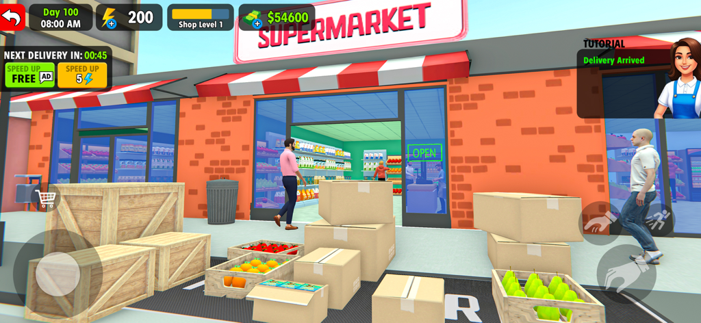 Exterior view of a 3D supermarket with delivery boxes and fresh fruit crates ready for restocking