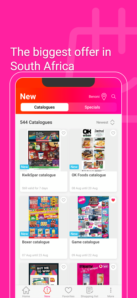 Cataloguespecials.co.za - Cataloguespecialsアプリのインターフェース。南アフリカのさまざまなストアからの新しい小売カタログとデジタルチラシが表示されています。