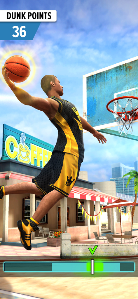 Basketball Stars™: Multiplayer - Ein 3D-Charakter führt einen Slam Dunk auf einem städtischen Außenplatz aus.