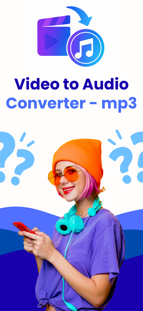 Video to Audio Converter - mp3 - Pantalla de bienvenida promocional para la aplicación Video to Audio Converter con una mujer joven con auriculares y un smartphone