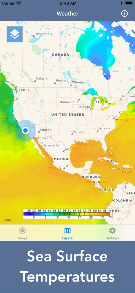 Wärmekarte der Meeresoberflächentemperatur von Nordamerika in der mobilen App Ocean Water Temperature