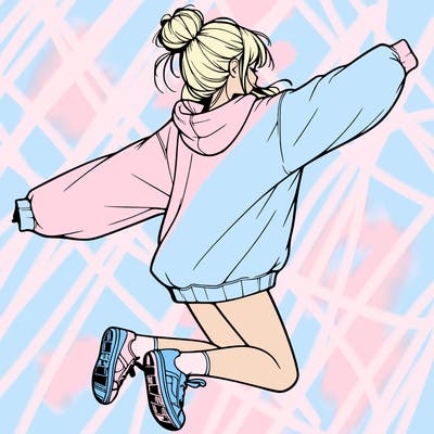 realistic girl jumping with a bun and oversized sweatshirt