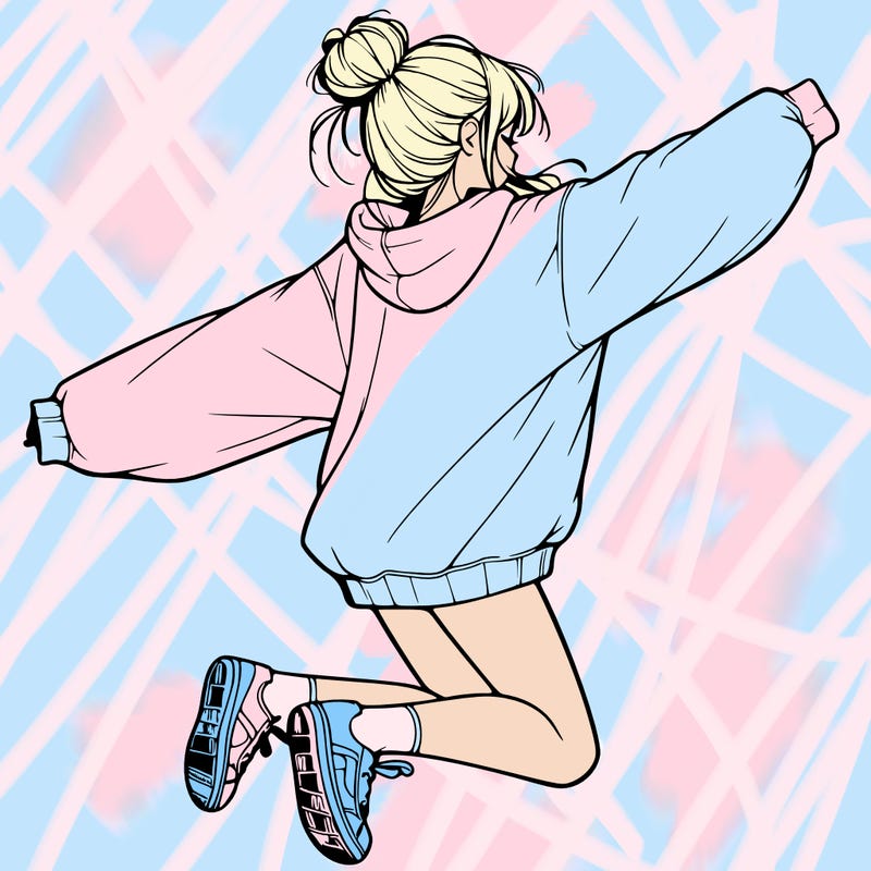 realistic girl jumping with a bun and oversized sweatshirt