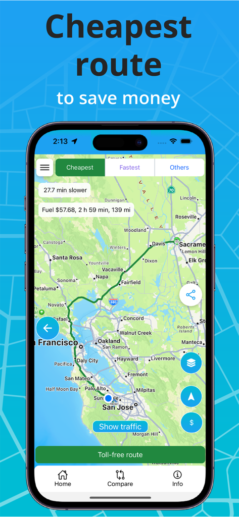 Toll & Gas Calculator TollGuru - TollGuru app interface showing the cheapest driving route and fuel cost estimation on a map