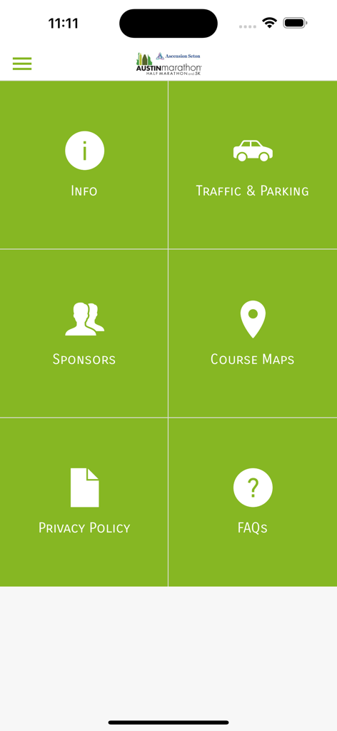 Austin Marathon® - The main navigation menu of the Austin Marathon app featuring tiles for race info traffic parking sponsors and course maps