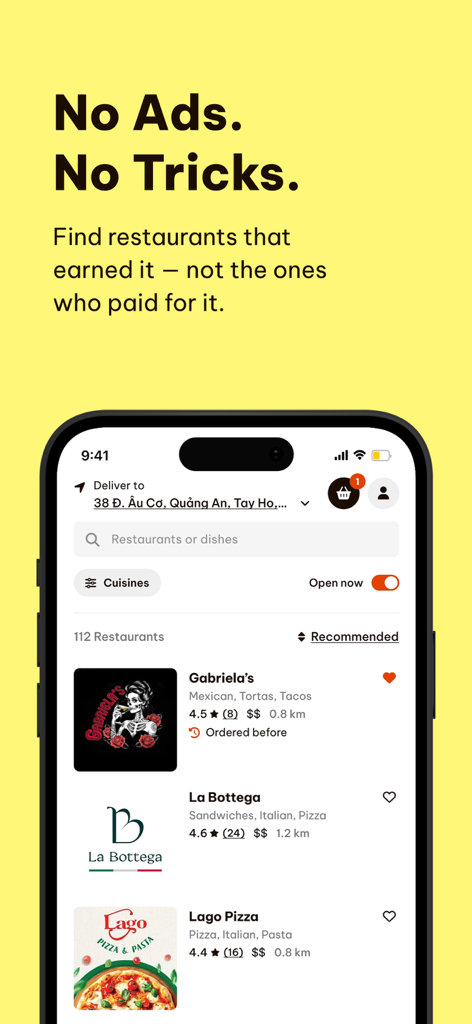 Anh Béo - Anh Beo mobile app interface showing a list of local restaurants with a message about no ads and no tricks.