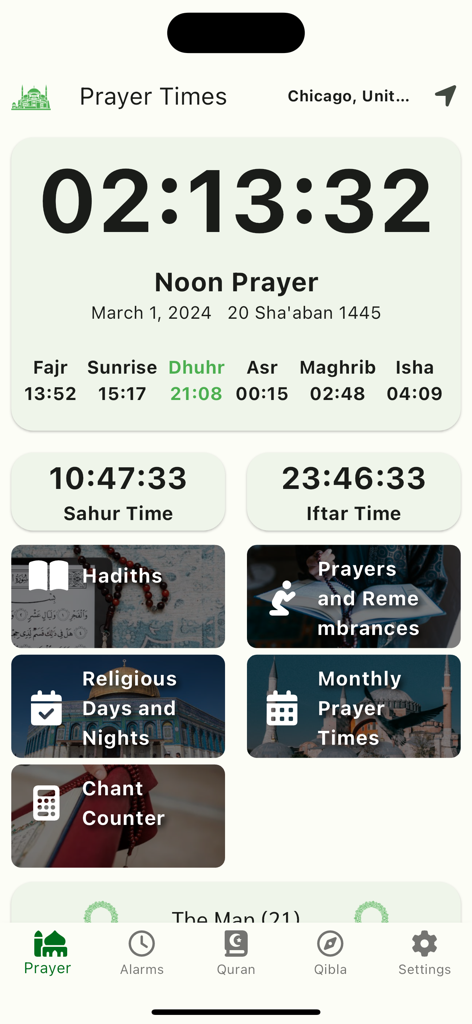 Mobile app dashboard showing countdown to noon prayer with sahur and iftar times for Chicago