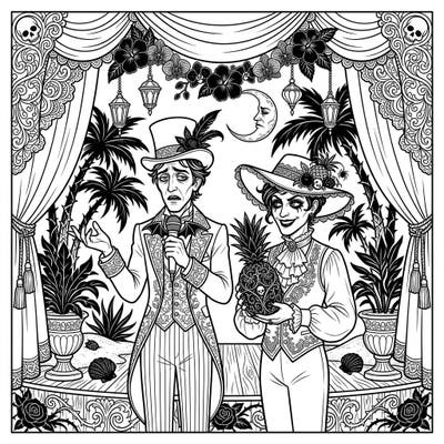 Prepare for a darkly humorous coloring experience with our Comedians x Summer x Gothic page. This unique design blends Victorian elegance, beachy vibes, and a touch of the macabre for a truly unforgettable scene.