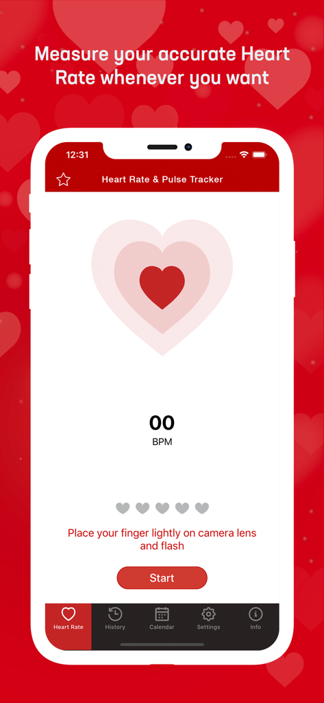 Heart Rate & Pulse Tracker - An iPhone screen displaying the Heart Rate and Pulse Tracker app interface with a heart icon and a start button to begin measuring heart beats per minute.