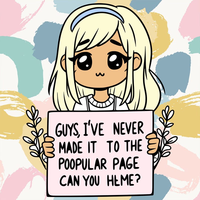 a girl holding up a sign that says, guys, i’ve never made it to the popular page, can you help me?