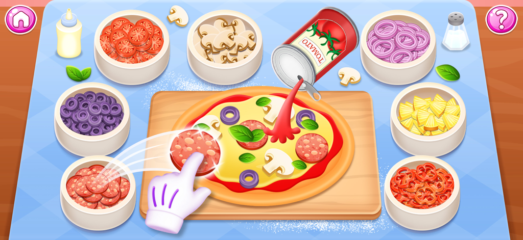 Kids Cooking Game 2+ year olds - A colorful digital interface of a kids cooking game showing a pizza being prepared with various toppings like pepperoni and mushrooms.