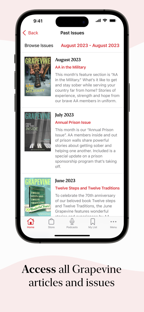 Mobile screen showing the archive of past AA Grapevine magazine issues