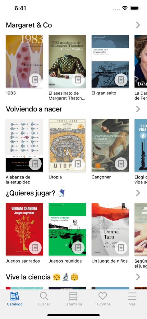 Biblio Digital mobile app screen showing a curated catalog of Spanish ebooks organized by category.