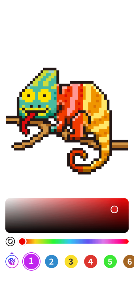 Colors by Number® – No.Draw® - Interface of No.Draw app showing a pixel art chameleon being colored using numbered color buttons.