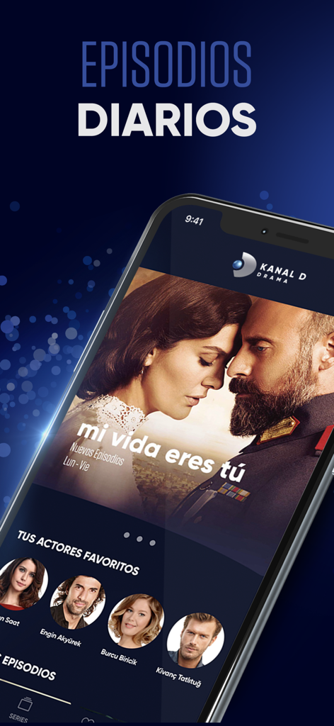 Interfaz de la aplicación Kanal D Drama que muestra episodios diarios de dramas turcos y actores favoritos