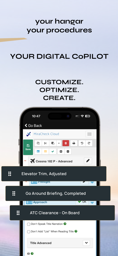 Goose, Your Digital Co-Pilot - Interfaz de la aplicación Goose Digital Co-Pilot mostrando listas de verificación de aviación personalizables para pilotos.