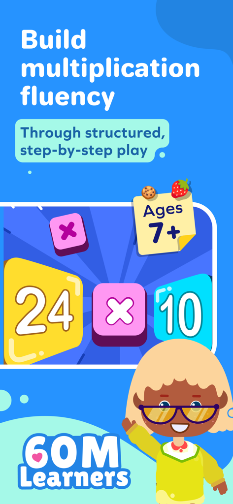 Splash Mini: Multiplication - Splash Mini 곱셈 앱 인터페이스, 7세 이상 어린이를 위한 곱셈 카드와 캐릭터 표시