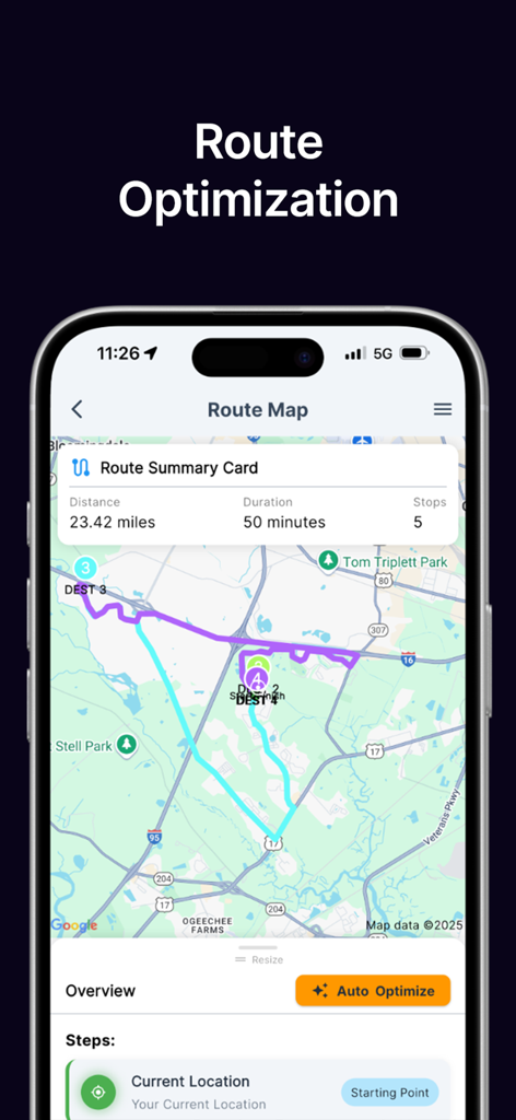 QuoteIQ mobile app showing the route optimization map feature with summary of distance and duration for multiple stops.