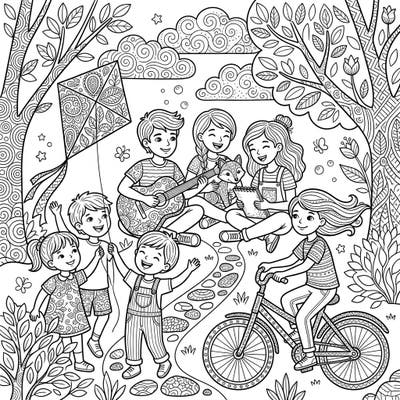 Discover a wonderfully detailed adult coloring page showcasing happy children engaged in various outdoor activities. This intricate design offers hours of relaxing and creative coloring fun.