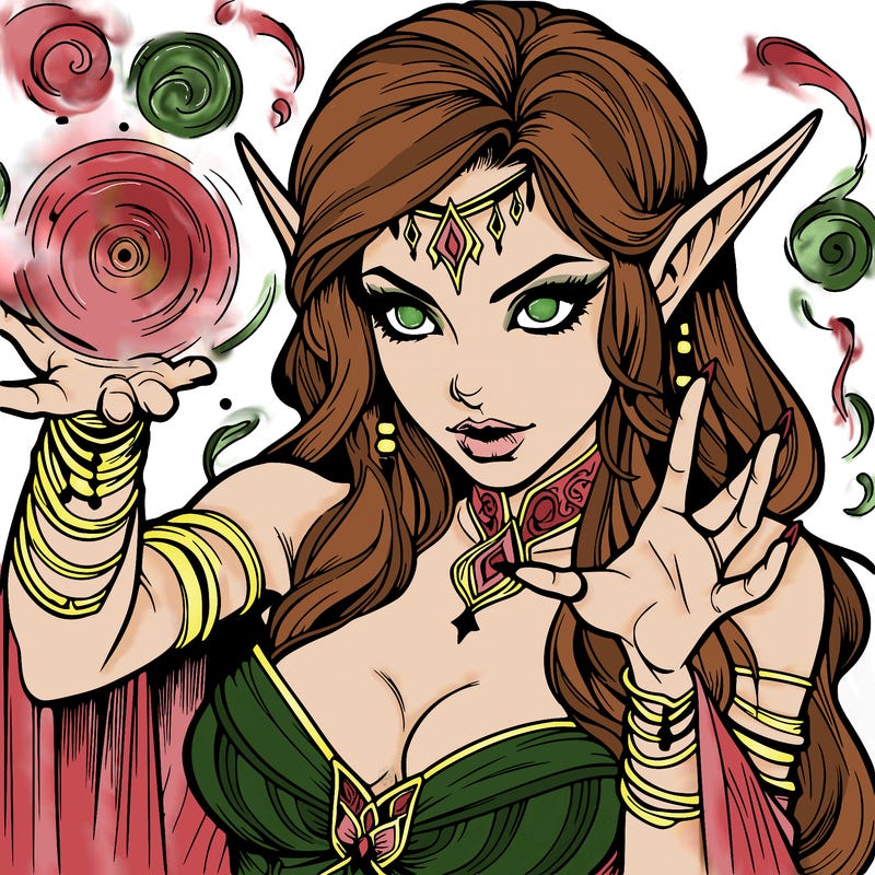 realistic scary beautiful elf sorceress casting spell