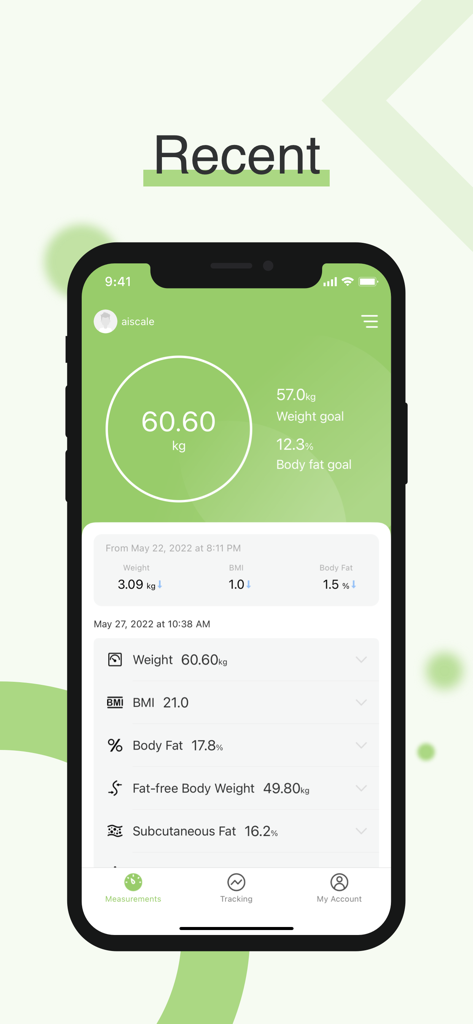AI Scale - Dashboard of the AI Scale app showing weight, BMI, and body fat measurements.