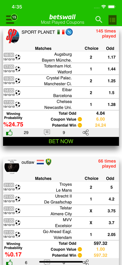 BetsWall app interface showing popular social betting coupons with football match predictions, odds, and winning probabilities.