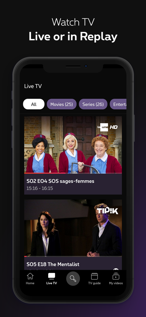 Die mobile Benutzeroberfläche der Proximus Pickx App, die Live-TV-Kanäle sowie Kategorien für Filme und Serien anzeigt.