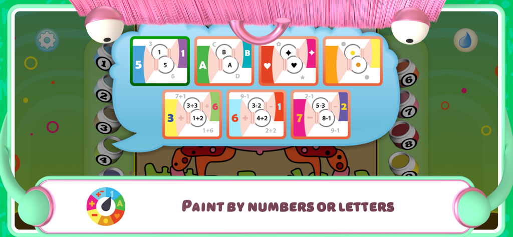 Color by Numbers - Animals + - A selection screen showing different educational modes for coloring by numbers letters symbols and math equations