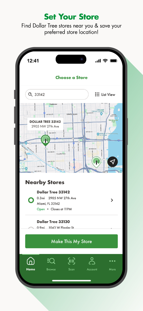 Dollar Tree app interface showing a map and list of nearby store locations with a button to select a preferred store