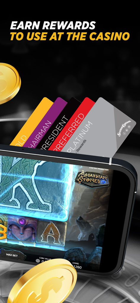 STN Play by Station Casinos - Smartphone screen showing a slot game and Station Casinos boarding pass reward cards with the text earn rewards to use at the casino.