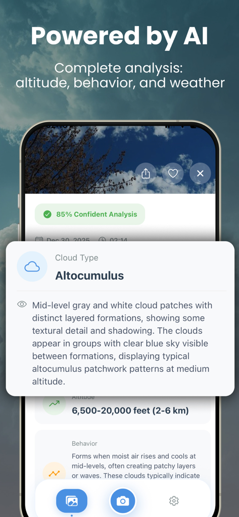 Cloud Identifier: Sky AI - A screenshot of the Sky AI app identifying an Altocumulus cloud with detailed scientific data and confidence score.